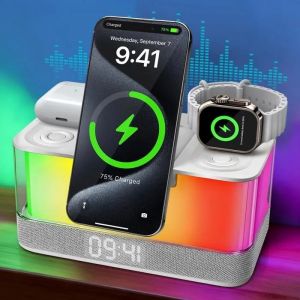 Lampe de Chevet 3 en 1 avec Enceinte Bluetooth et Chargeur Induction pour Téléphone, Montre et Écouteurs - Ambiance et Praticité. - Neuf