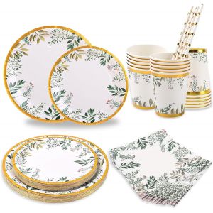 Checarzhn--No1-Lot De 125 Assiettes En Carton Vert Sauge Pour 25 Invités, Assiettes Plates De 22,9 Cm, Assiettes À Dessert De 17,8 Cm, Gobelets Jetables, Pailles, Serviettes - Neuf