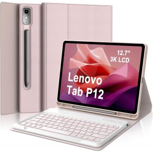 Coque Clavier Lenovo Tab P12 12.7¿ 2023, Étui Keyboard 7 Couleurs Rétroéclairées Azerty Français Layout Bluetooth Sans Fil Amovible Avec Porte Crayon Pour Lenovo P12 Tb370fu, Rose - Neuf