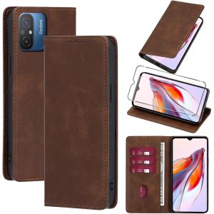 Kalanka-Coque Cuir Pour Xiaomi Redmi 12c 6.71"" Avec 1 Verre Tremp&eacute; Etui &Agrave; Rabat En Pu Porte-Cartes Portefeuille Support Flip Housse Magn&eacute;tique Antichoc Anti-Rayures Case,Marron - Neuf