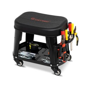 Tabouret &agrave; roulettes 44 x 27 x 35 cm avec rangement ing&eacute;nieux ergonomique moderne en m&eacute;tal noir Helloshop26 20_0014154 - Neuf