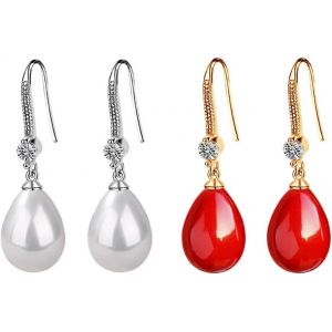 Kal-Paires Nacr&eacute; Boucles Des Boucles D'oreilles Femmes, Boucles D'oreilles Avec Perle En Forme De Goutte D'eau Rouge, Pendantes Boucles D'oreilles En Forme De Larme Plaqu&eacute; Or Blanc Zircone Bijoux - Neuf
