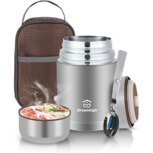 Boîte Alimentaire Isotherme 800ml avec Sac à Lunch, Thermo Isolant Contenant avec Cuillère, Thermos Alimentaire Chaud sans BPA, pour Ecole, Bureau (Gris) - Neuf