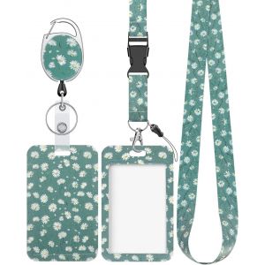 KALANKA-Porte Badge Tour de Cou Coulissant Floral Étui en Plastique de Fleur avec Clip de Mousqueton de Bobine de Badge Rétractable et Sangle de Longe Détachable Porte Carte Verticale Dure Vert - Neuf