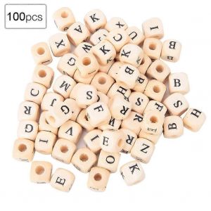 Lot De 100 Perles Carrées En Bois Pour Fabrication De Bijoux,Lettres De L'alphabet,10 X 10 Mm - Neuf
