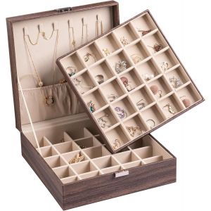 Boîte à bijoux classique à 50 compartiments pour ranger des boucles d'oreilles, double couche avec 6 crochets pour colliers et poche pour bracelets (noir) - Neuf