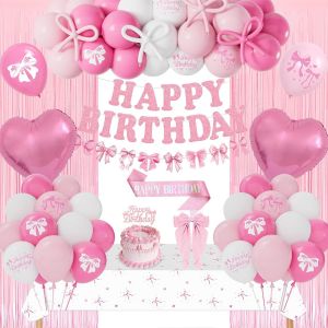 TRAHOO-Decoration Anniversaire Fille Femme, Décorations Anniversaire de Fête N?ud Rose, Ballon Anniversaire Rose, N?ud Theme Bannière Joyeux Anniversaire Nappe, Kit Deco Anniversaire pour 1 13 16 18 - Neuf