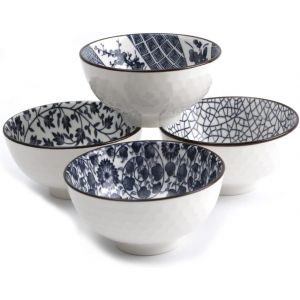 Mevronisshop-Coffret 4 Bols Chinois Motifs Asiatiques Bleus ¿ 11cm - Bols À Riz, Petit Déjeuner & Soupe - Motifs Traditionnels Japonais Chinois - Bol Asiatique Japonais Asie - Cadeau Vaisselle - Neuf