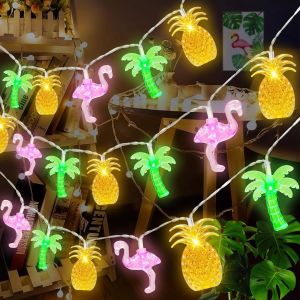 TRAHOO-Guirlande Lumineuse Tropicale Fairy Lights Hawa&iuml;enne 20 Led 3 M&egrave;tres F&ecirc;te Plage Guirlandes Lumineuses Avec Flamant Rose, Ananas, Palmier pour Int&eacute;rieur Et Ext&eacute;rieur F&ecirc;te Hawa&iuml;en - Neuf