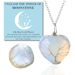 Eryi-Collier Bracelet En Pierre De Lune - Amour Lunaire - Fil Arbre De Vie Plaqué Platine/18 Carats Or Fait À La Main, Pendentifs En Forme De Lune/C?ur/Goutte D'eau En Cristal Naturel - Neuf