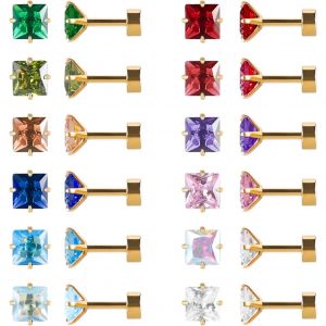 Kal-Lot De 12 Paires De Boucles D'oreilles À Tige En Acier Inoxydable Chirurgical À Dos Plat En Forme De C?ur, Étoile Carrée En Forme De Larme, Plaqué Or, Oxyde De Zirconium - Neuf