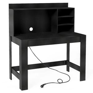 Bureau d'ordinateur avec biblioth&egrave;que 108 x 60 x 125 cm multiprise int&eacute;gr&eacute;e design moderne en MDF noir Helloshop26 20_0015637 - Neuf