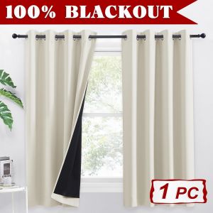 Tianyi-Rideaux Court Occultant À 100% Thermique Et Draperies Interieurs À Oeillets Avec Noir Doublure Doux Épais Pour Chambre Maison, Beige Clair, L140 X H145 Cm, 1 Pièce - Neuf