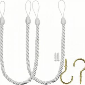 Cordon de rideau lacets, rideau main fixation avec 2 crochets &agrave; vis en m&eacute;tal, blanc paquet de 2 - Neuf