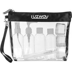 KALANKA-Trousse de Toilette Transparente + 8 Bouteilles Vide de Voyage pour Liquides(Max.100ml), Kit de Voyage pour l`Avion,Set de Voyage dans Bagages à Main, Sac Cosmétiques pour Hommes et Femmes - Neuf