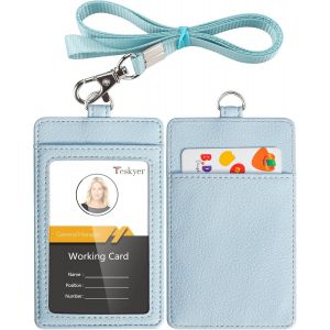 KALANKA-Porte Badge, Porte Badge Tour de Cou, 2 Emplacements pour Cartes, en Cuir PU, avec Effacer la Fenêtre Longe en Nylon, Bleu Glacier - Neuf