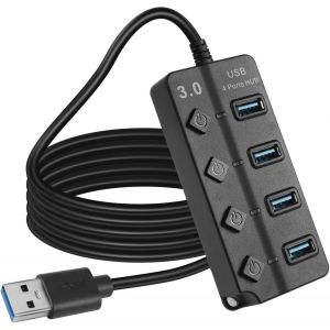 Hub d'extension USB 3.0 à 4 Ports de 0,3 m,hub de données Rapide USB 3.0 avec interrupteurs Marche/arrêt individuels LED,Extension de Port USB Portable pour Ordinateurs Portables (5FT) - Neuf