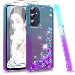 Kal-Coque Pour Samsung Galaxy A25 5g Avec Verre Trempé [Lot De 2], Fille Liquide Paillette Transparente Silicone Gel Tpu Antichoc Kawaii Etui Housse Pour Galaxy A25 Turquoise Violet - Neuf