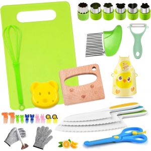 MEVRONISSHOP-Couteaux pour Enfants &iquest; Set de 28 pi&egrave;ces avec Planche &agrave; d&eacute;couper, Coupe ondul&eacute;e et Gant de s&eacute;curit&eacute; &iquest; Ensemble de Cuisine Montessori pour Apprendre &agrave; Couper &iquest; Cadeau pour Enfants d&egrave;s 3 A - Neuf