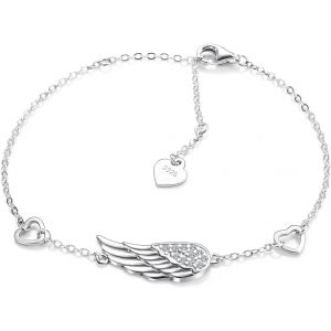 Kalsw-Bracelet Aile D'ange 925 Dames Argent Pour Fille Femme,Breloques Bracelet Bonheur Zircone Réglable Ailes D'ange Tendre Coeur Amour Porte-Bonheur Bracelets Cadeaux Pour Communion Baptême Anniver - Neuf