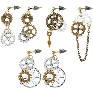 Kal-6 Paire Boucles D'oreilles Steampunk Vintage À Clous D'oreilles Pendantes En Forme D'horloge Rétro En Alliage Asymétrique Cadeaux De Noël Pour Femmes Et Filles - Neuf