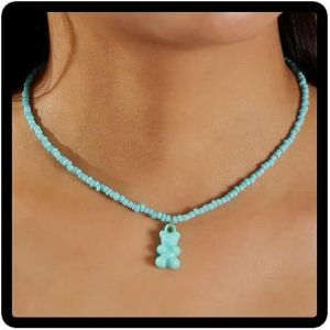 Kal-Bonbons Couleur Ours En Peluche Pendentif Collier Caramel À La Main Riz Perle Collier Mignon Collier Bijoux Pour Femmes Et Filles (Bleu) - Neuf