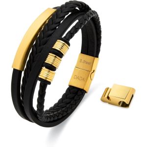 Eryi-- Bracelets Homme En Cuir Multicouche - Acier Inoxydable Hypoallergénique Doré Ou Satiné Noir, Chaîne En Cuir Véritable Tressé Multibrins 21cm Réglable - Fermeture Magnétique - Neuf