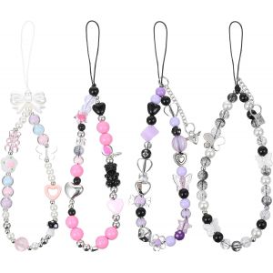 KAL-Lot De 4 Bracelets De Téléphone À Breloques Anti-Perte - Jolies Chaînes Pour Téléphone Portable, Porte-Clés Décoratif Pour Sac À Main, Sac À Dos, Portefeuille (Violet, Rose, Noir) - Neuf