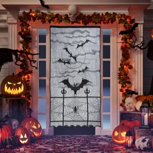 Décoration De Porte D'halloween, Rideaux D'halloween, Dentelle Noire, Rideau D'halloween, Squelette Toile D'araignée, Rideau Chauve-Souris Pour Halloween Effrayant, Décoration Horreur, Fenêtre, Porte - Neuf