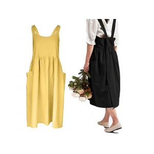 Tabliers Crois&eacute;s En Coton Et Lin Avec Poches - Noir Et Jaune (Lot De 2) - Neuf