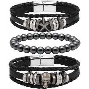 Eryi-Bracelet En Cuir Noir Marron Tressé Large Bracelet Femmes Hommes Punk Bijoux Crâne - Neuf