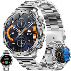 AMOLED Montre intelligente pour homme 1,85"" avec fonction t&eacute;l&eacute;phone, batterie 800 mAh, lampe de poche, 5 ATM, 123 modes sportifs, pression art&eacute;rielle, podom&egrave;tre, pour iOS et Android (acier noir) - Neuf