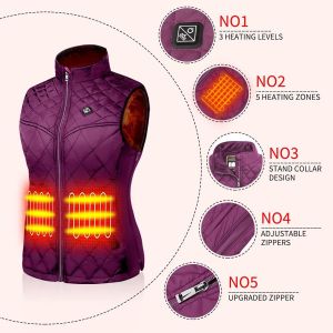 Gilet Chauffant Femme, Veste Chauffante Avec Batterie, &Eacute;lectrique Gilet Chauff&eacute; Avec 5 Zones De Chauffage,3 Niveaux De Temp&eacute;rature Pour Ski En Plein Air Randonn&eacute;e Camping - Neuf