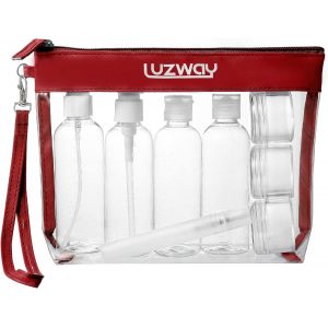KALANKA-Trousse de Toilette Transparente + 8 Bouteilles Vide de Voyage pour Liquides(Max.100ml), Kit de Voyage pour l`Avion,Set de Voyage dans Bagages à Main, Sac Cosmétiques pour Hommes et Femmes - Neuf