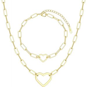 Kal-Coeur Collier Chain Bracelets Pour Femme Chaine Acier Inoxydable Imperméable Set De Colliers Et Bracelets Plaquées Or 18k Empilable Chain Argent/Or Réglable Bracelets Argent Or Collier Femme - Neuf