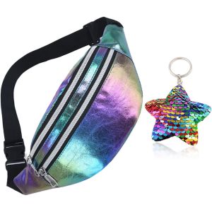 CAUC-Sac Banane Holographique Brillant - Sac Ceinture Femme Cuir PU - Sacoche de Ceinture R&eacute;fl&eacute;chissante Pochette de Voyage Bum Bag,Porte Cl&eacute;s Papillon Inclus - Neuf