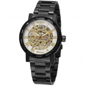 Montre-Bracelet Mecanique Creuse Et Etanche Pour Homme Winner Avec Bracelet En Acier (Noir Et Blanc) - Neuf