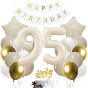 Tianyi-Décoration D'anniversaire 95 Ans Pour Fille Garçon - Blanc Doré - Décoration De Fête Avec Décoration De Gâteau Pour 95 Ans - 95e Anniversaire - Neuf