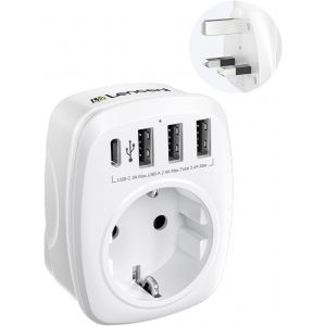 JGD-Adaptateur Prise Anglaise UK Angleterre France Adaptateur de Voyage avec 3 USB et 1 Type-C, Prise Française FR vers GB 3 Broches pour Royaume-Uni Irlande Bretagne Écosse Maldives Type G - Neuf