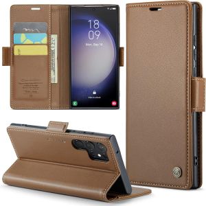 Kal-Coque Pour Samsung Galaxy S23 Ultra+ 2 Pièces Verre Trempé,Antivol,Prend En Charge Le Chargement Sans Fil, Pochette Fermeture Magnétique Flip Case-Marron - Neuf