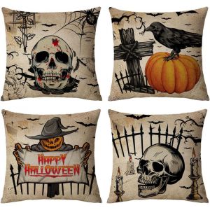 Lot de 4 housses de coussin décoratives vintage et effrayantes pour Halloween (45,7 x 45,7 cm)Crâne, citrouille, hibou, corbeau - Neuf