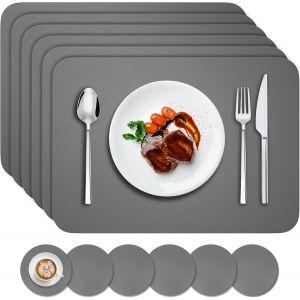 Sjzg-Lot De 12 Sets De Table,6 Pi&egrave;ces Sets De Tables Lavables Et 6 Pi&egrave;ces Dessous De Verre,Pvc Set De Table(41 X 31cm),Antid&eacute;rapant Lavable Chaleur R&eacute;siste,Gris Fonc&eacute; - Neuf