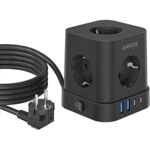 Prise Cube 9 en 1 avec USB C, Multiprise 5 Voies avec Interrupteur, Multiprise de Protection Contre Les Surtensions avec 4 USB, Bloc Prise de Distribution 2M pour la,aison(Noir) - Neuf