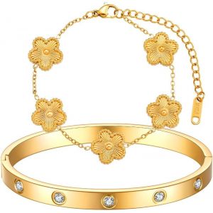 Kalanka-Bracelet Tr&egrave;fle Chanceux Femme Plaqu&eacute; Or 18 Carats Ensemble De 2 Bracelets En Acier Inoxydable En Cristal Bracelet Tr&egrave;fle Porte Bonheur Fleur Bijoux Cadeaux Pour Anniversaires F&ecirc;tes - Neuf