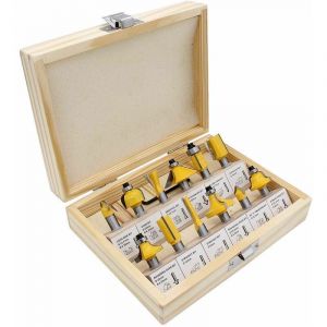 Lot de 12 fraises à défoncer en carbure de tungstène à tige de 8 mm, avec étui de rangement en bois pour portes, tables, étagères, armoires et bricolage. - Neuf