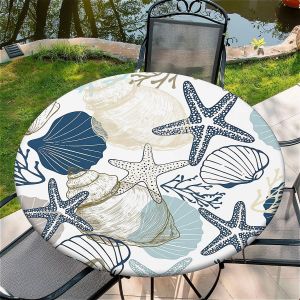 ChenQuanSarl-Nappe Ronde D'Extérieur Avec Bande Élastique Ø 44In-110Cm Nappe De Jardin Élastique Avec Motif Étoiles De Mer Et Coquillages, Pour Cuisine Jardin Fête Table - Neuf