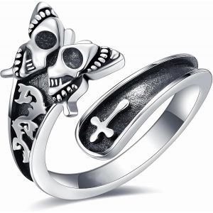 KALSW-Bague Tête De Mort Squelette Papillon Croix Bague Gothique Punk Crucifix Bracelet De Doigt Réglable Bijoux Pour Hommes Et Femmes,Acier Allié,Aucune Pierre Précieuse - Neuf