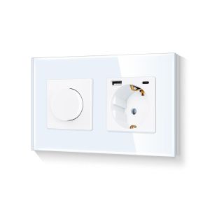 Variateur Rotatif Avec Prise Murale Usb C 20 W - Combinaison Variateur Avec Prise De Courant - S&eacute;curit&eacute; Enfant - Blanc - 2 Prises - 110-220 V - 157 Mm (Neutre N&eacute;cessaire) - Neuf