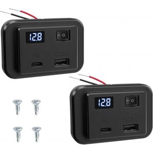 JGD-2Pcs 12V Prise de Chargeur USB C de Voiture avec Interrupteur et Voltm&egrave;tre LED 40W PD2.0+QC3.0,DC12V-26V Panneau de USB Commande Charge Rapide Adaptateur pour Bateaux Camping Car Camion - Neuf