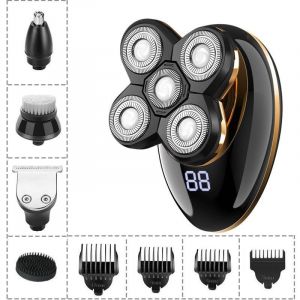 Rasoir Électrique Homme,Tondeuse Cheveux Rasoir Electrique Sans Fil 5 En 1 Kit Étanche,5 Têtes De Rasoir/Tondeuse À Cheveux/Tondeuse À Nez/Brosse De Nettoyage,Avec Affichage Lcd (D'or) - Neuf